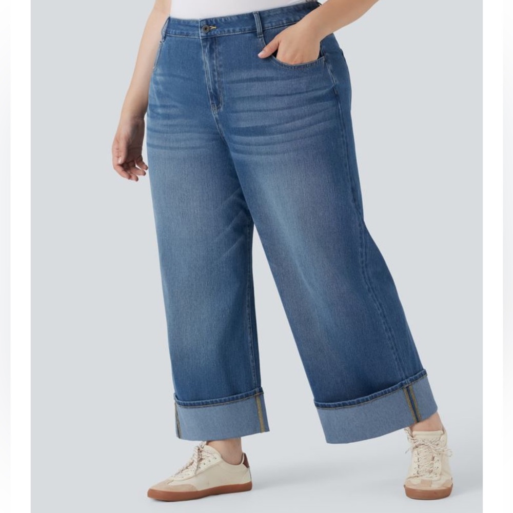 Halara High Waist Wide Leg Cuffed Light Wash Flex Jeans